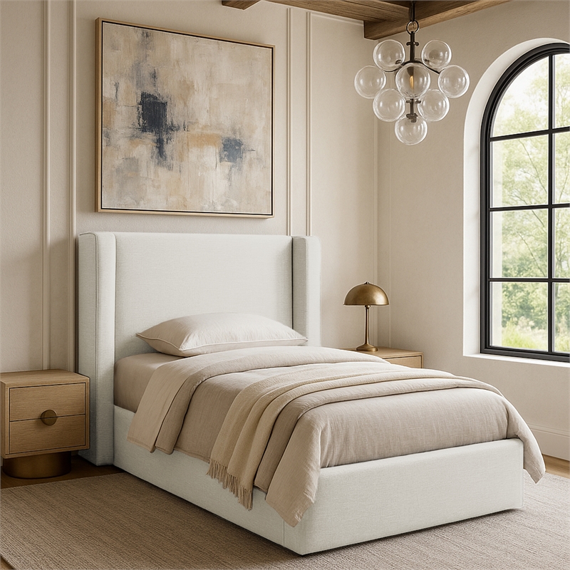Meridian Furniture Kendall Cream Linen Textured Fabric Upholstered Twin Bed