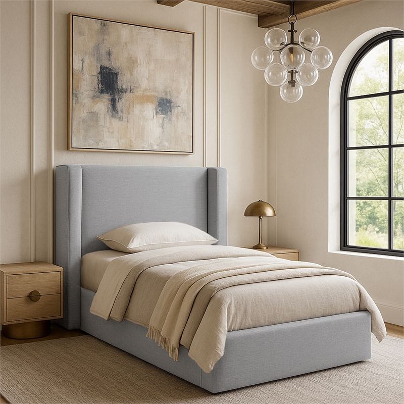Meridian Furniture Kendall Grey Linen Textured Fabric Upholstered Twin Bed