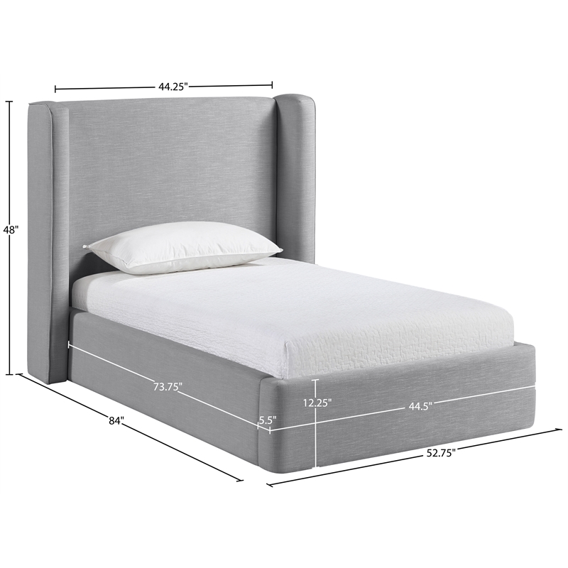 Meridian Furniture Kendall Grey Linen Textured Fabric Upholstered Twin Bed