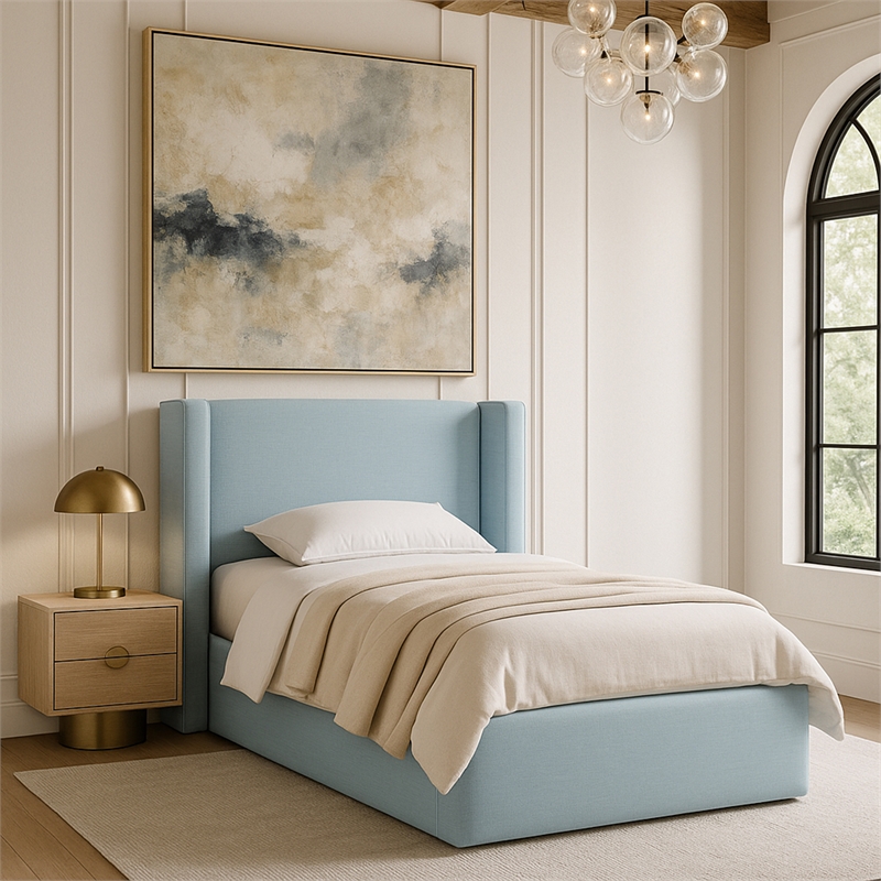 Meridian Furniture Kendall Light Blue Linen Textured Fabric Upholstered Twin Bed