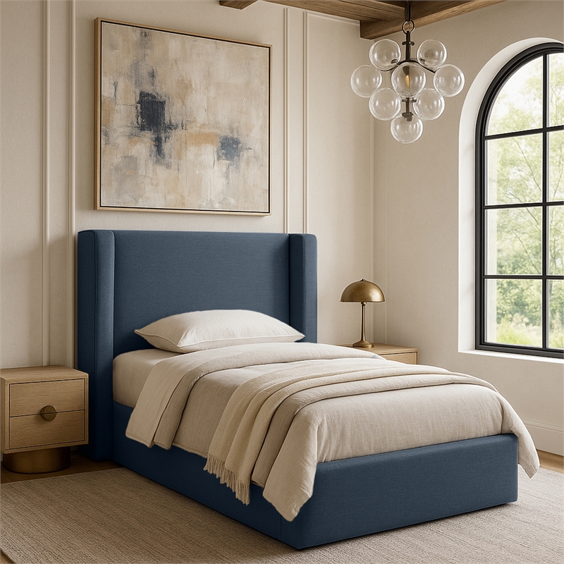 Meridian Furniture Kendall Navy Linen Textured Fabric Upholstered Twin Bed