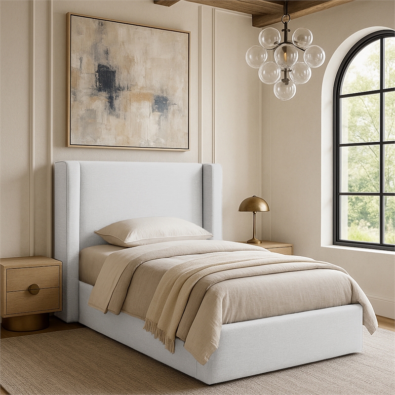 Meridian Furniture Kendall White Linen Textured Fabric Upholstered Twin Bed