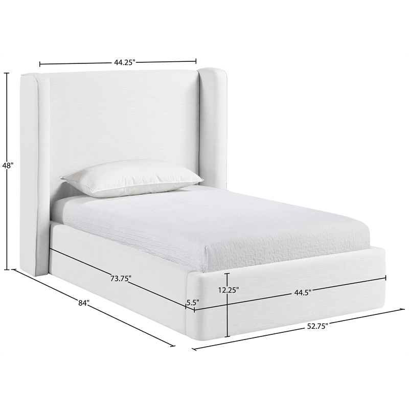 Meridian Furniture Kendall White Linen Textured Fabric Upholstered Twin Bed