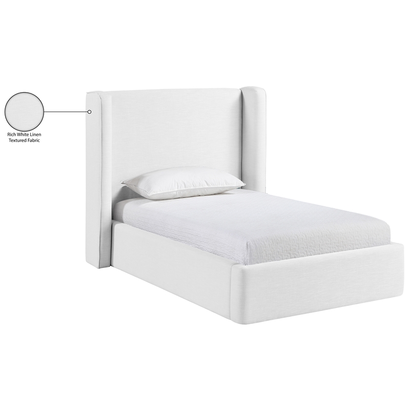 Meridian Furniture Kendall White Linen Textured Fabric Upholstered Twin Bed