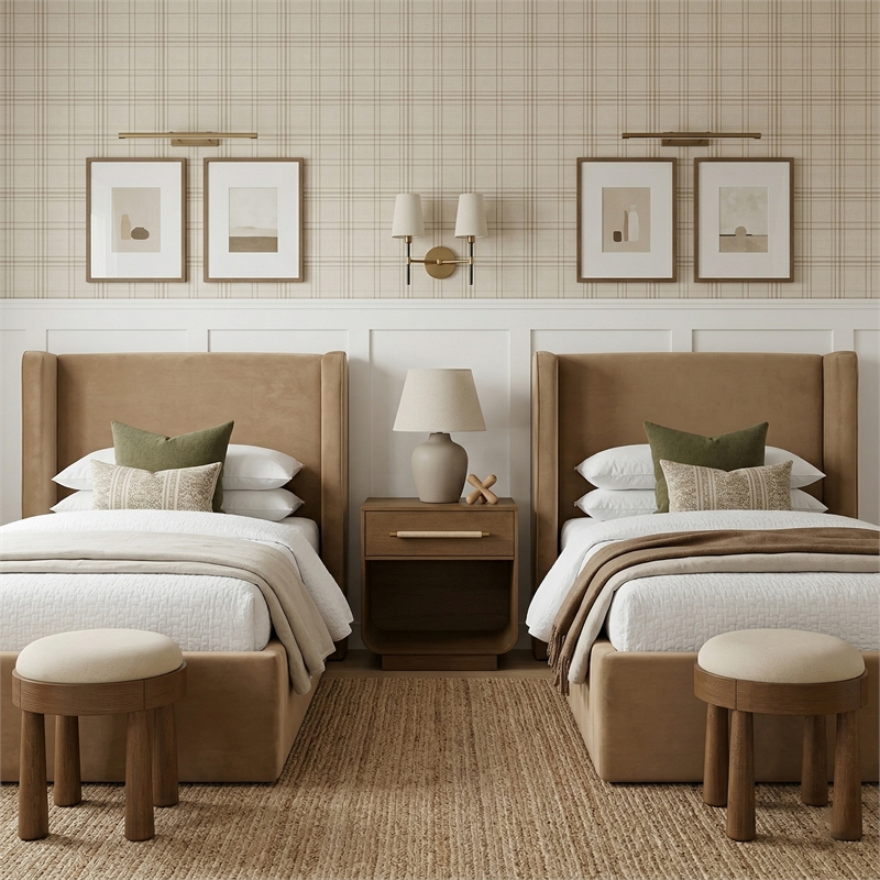 Meridian Furniture Kendall Beige Velvet Upholstered Twin Bed