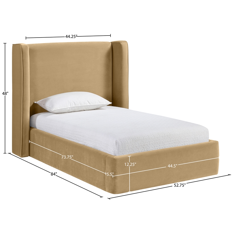 Meridian Furniture Kendall Camel Velvet Upholstered Twin Bed