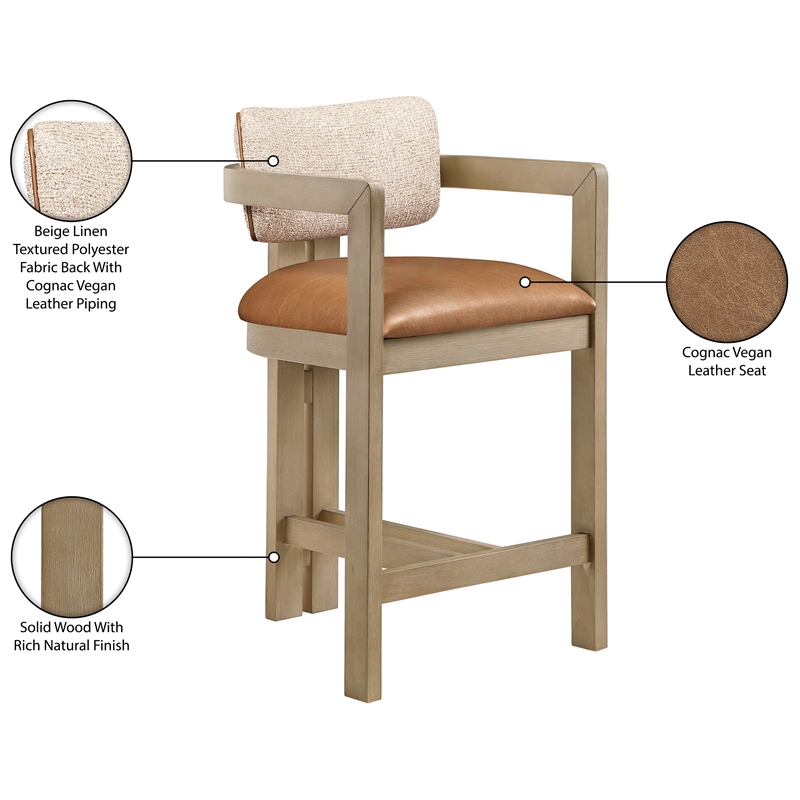 Meridian Furniture Ravina Cognac Vegan Leather and Linen Textured Counter Stool