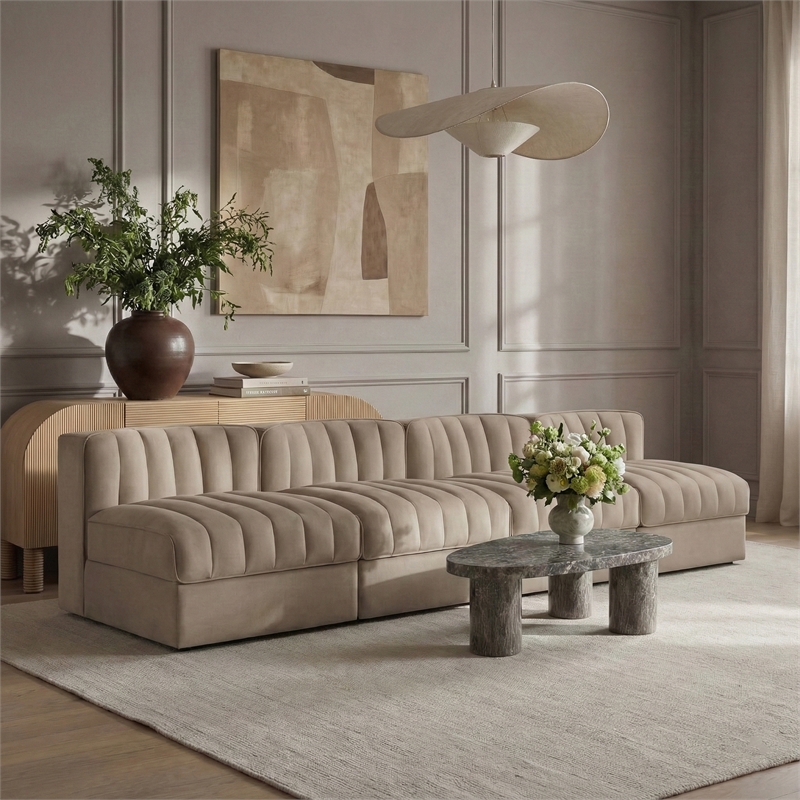 Meridian Furniture Rummi Beige Velvet Performance Fabric 4pc. Modular Sofa