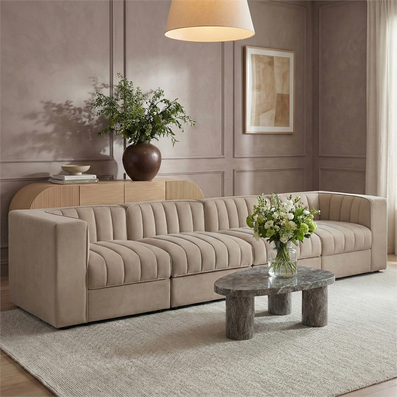 Meridian Furniture Rummi Beige Velvet Performance Fabric 4pc. Modular Sofa