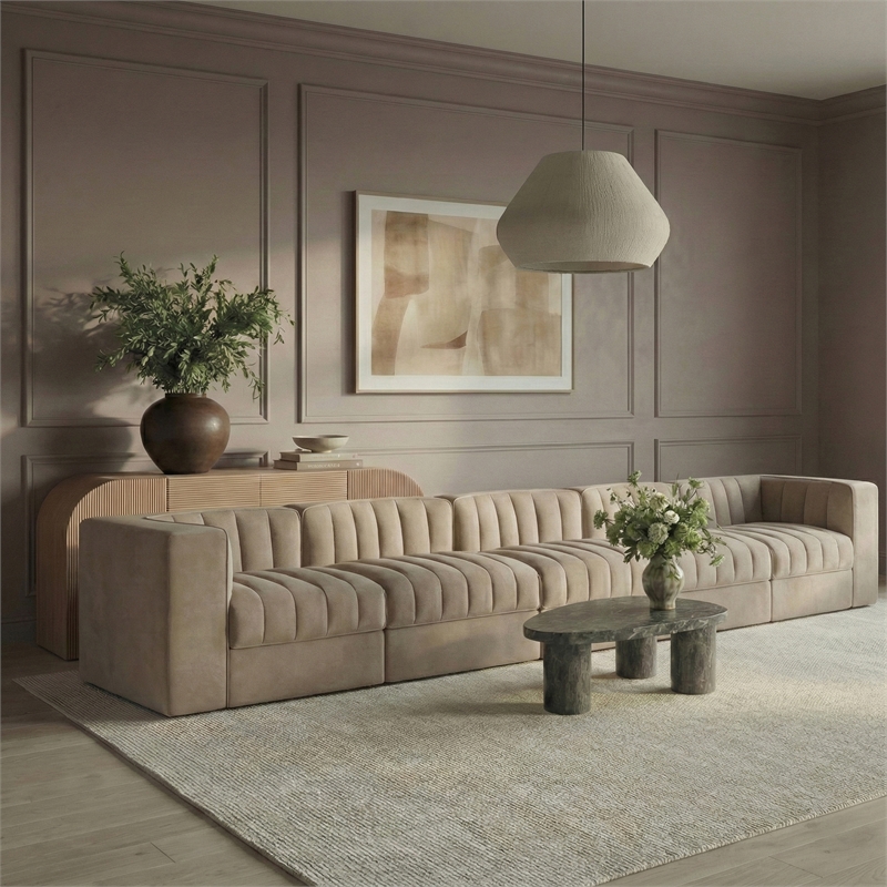 Meridian Furniture Rummi Beige Velvet Performance Fabric 5pc. Modular Sofa
