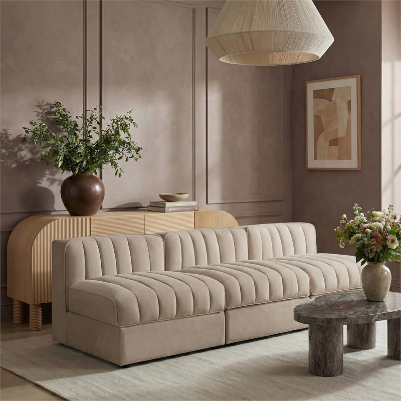 Meridian Furniture Rummi Beige Velvet Performance Fabric 3pc. Modular Sofa
