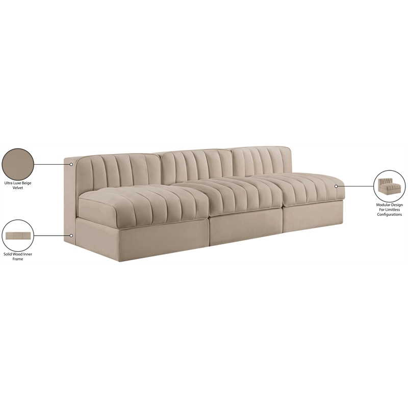 Meridian Furniture Rummi Beige Velvet Performance Fabric 3pc. Modular Sofa