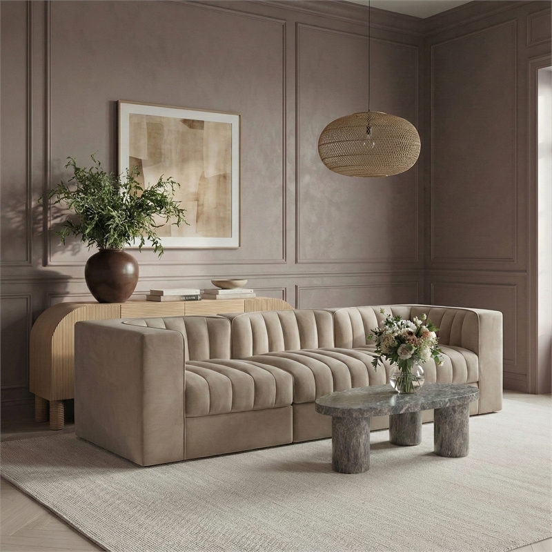 Meridian Furniture Rummi Beige Velvet Performance Fabric 3pc. Modular Sofa