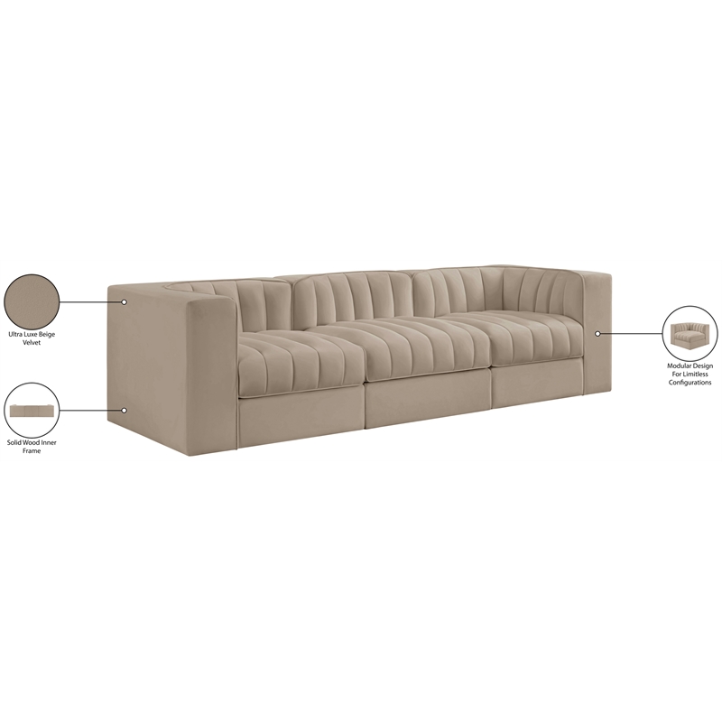 Meridian Furniture Rummi Beige Velvet Performance Fabric 3pc. Modular Sofa