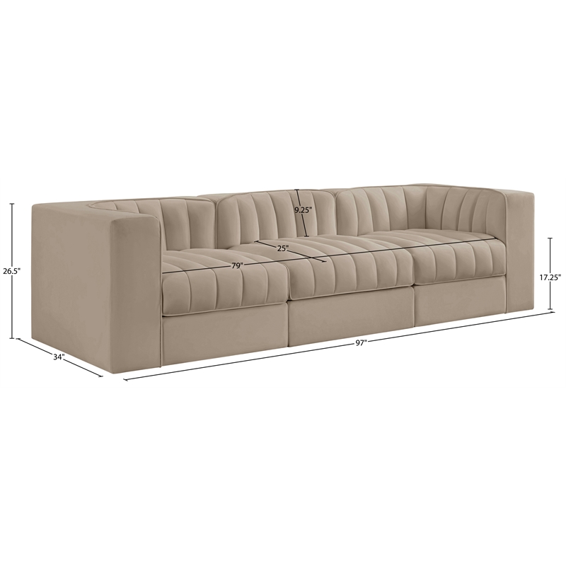 Meridian Furniture Rummi Beige Velvet Performance Fabric 3pc. Modular Sofa