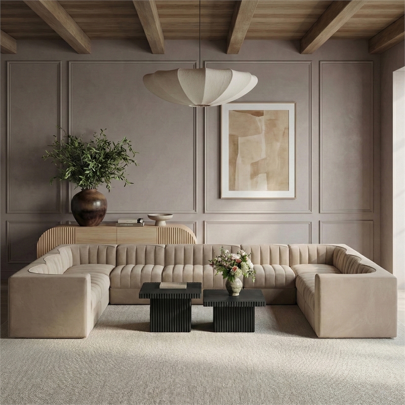 Meridian Furniture Rummi Beige Velvet Performance Fabric 10pc. Modular Sectional