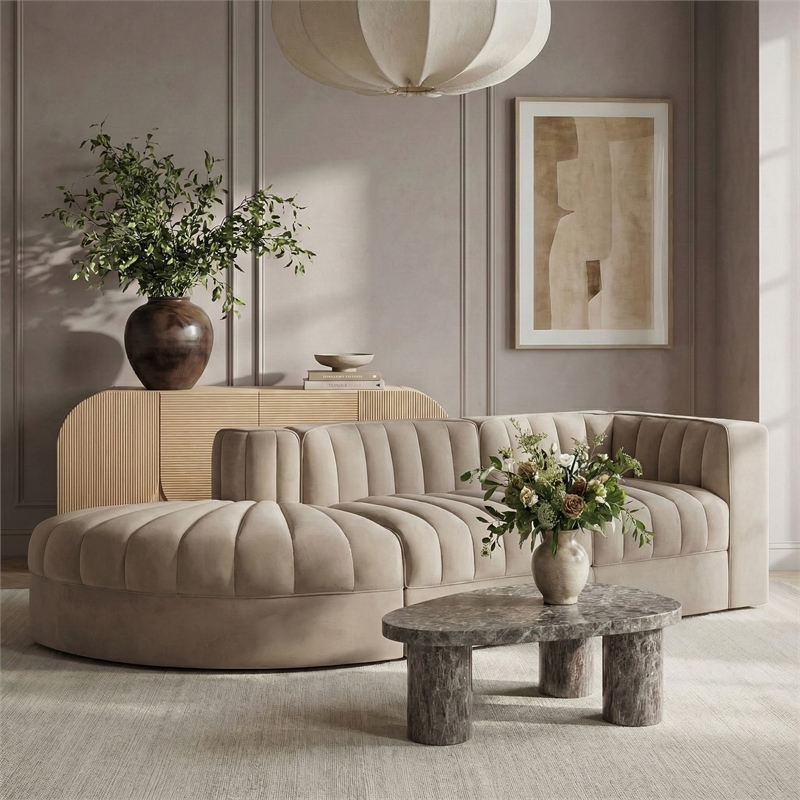 Meridian Furniture Rummi Beige Velvet Performance Fabric 3pc. Modular Sectional
