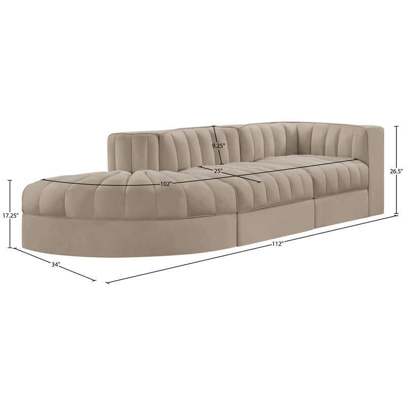 Meridian Furniture Rummi Beige Velvet Performance Fabric 3pc. Modular Sectional