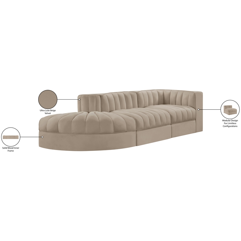 Meridian Furniture Rummi Beige Velvet Performance Fabric 3pc. Modular Sectional