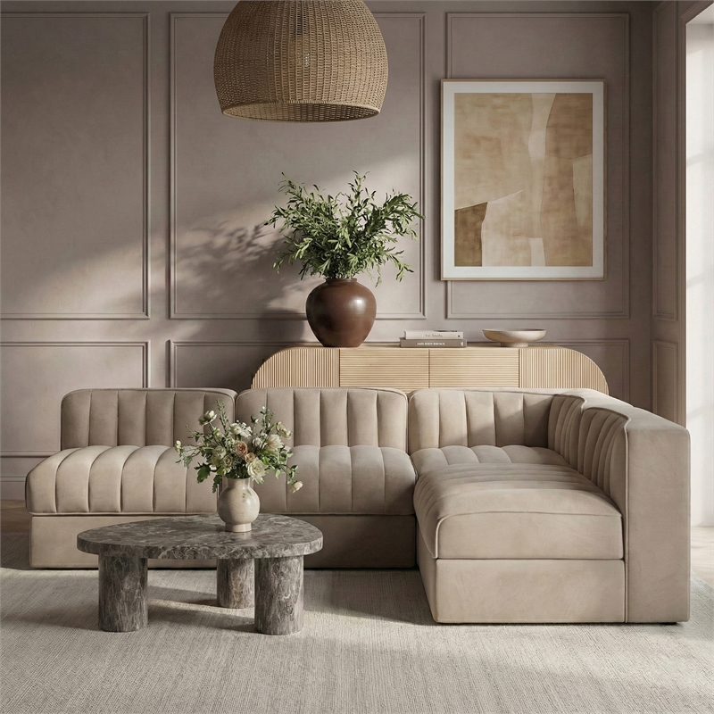 Meridian Furniture Rummi Beige Velvet Performance Fabric 4pc. Modular Sectional