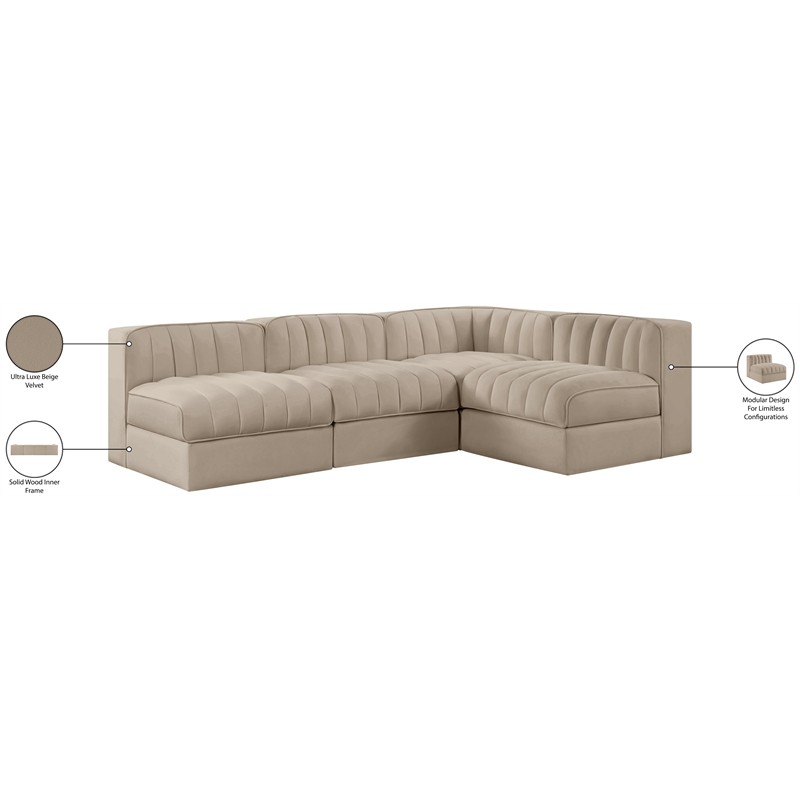 Meridian Furniture Rummi Beige Velvet Performance Fabric 4pc. Modular Sectional