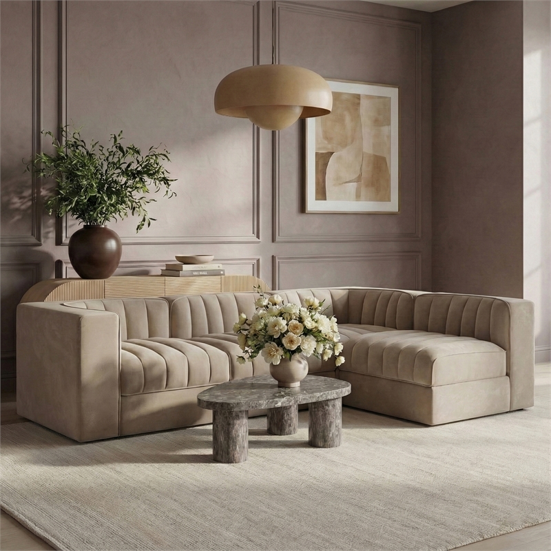 Meridian Furniture Rummi Beige Velvet Performance Fabric 4pc. Modular Sectional