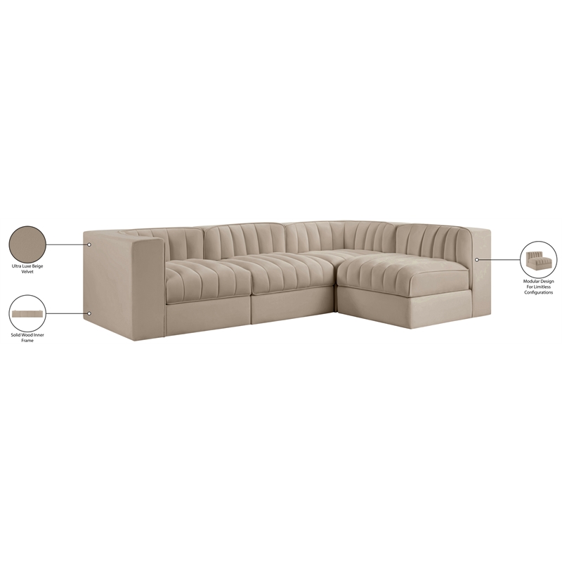 Meridian Furniture Rummi Beige Velvet Performance Fabric 4pc. Modular Sectional
