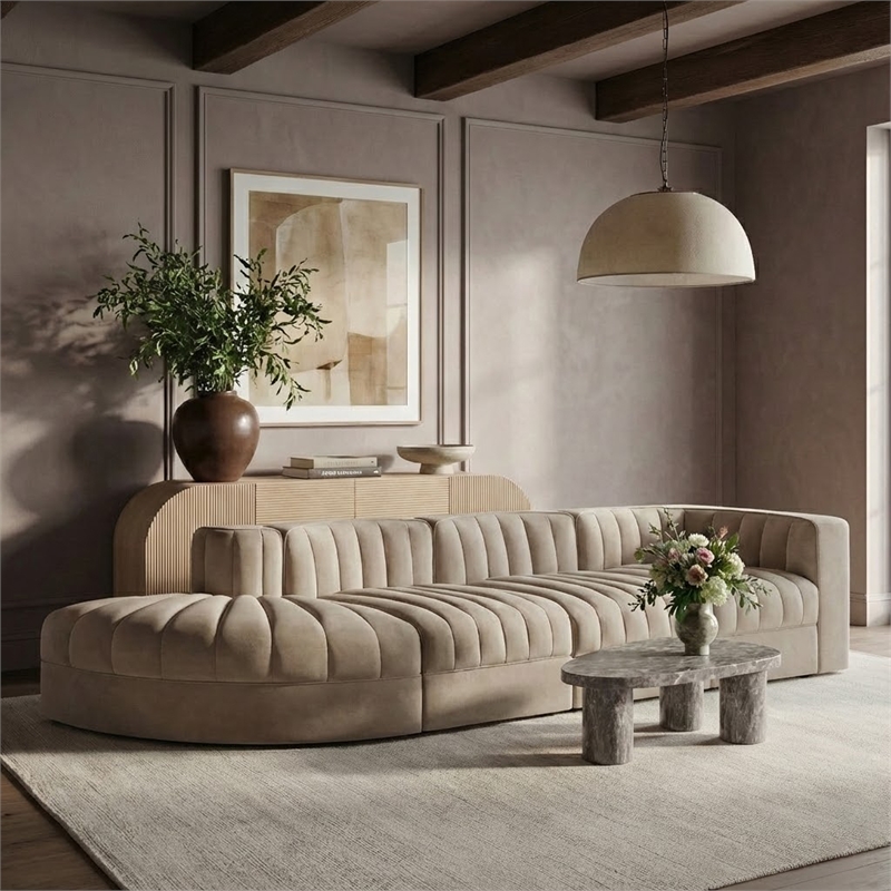 Meridian Furniture Rummi Beige Velvet Performance Fabric 4pc. Modular Sectional