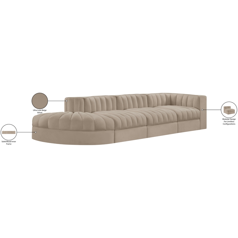 Meridian Furniture Rummi Beige Velvet Performance Fabric 4pc. Modular Sectional