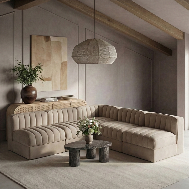 Meridian Furniture Rummi Beige Velvet Performance Fabric 5pc. Modular Sectional