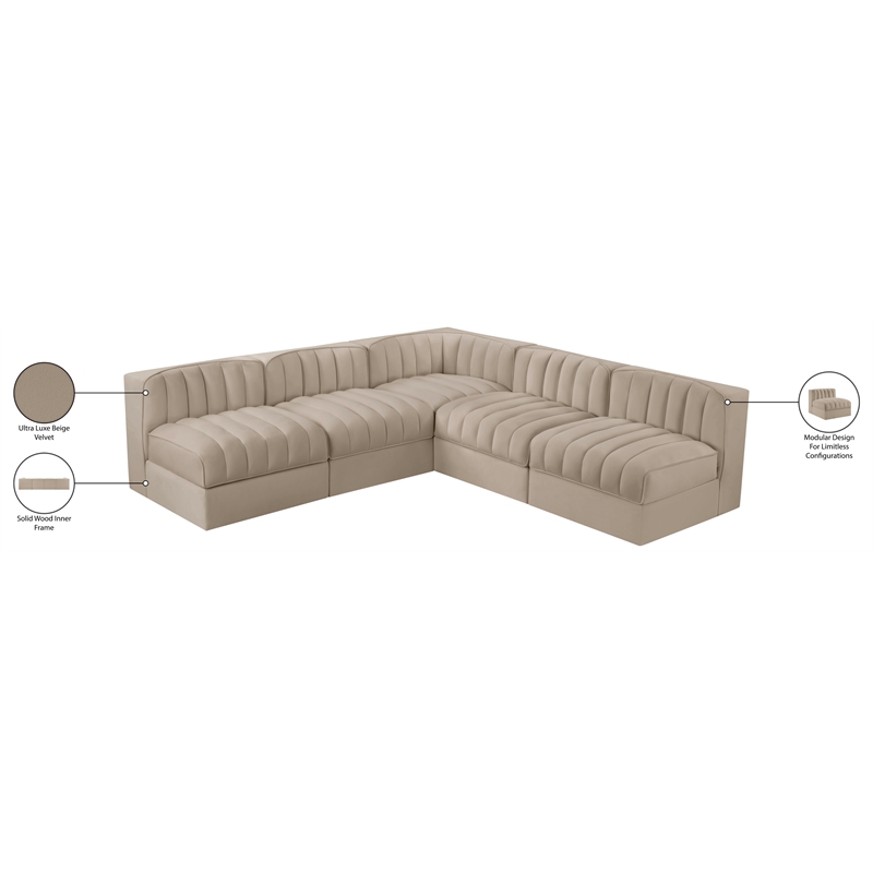 Meridian Furniture Rummi Beige Velvet Performance Fabric 5pc. Modular Sectional