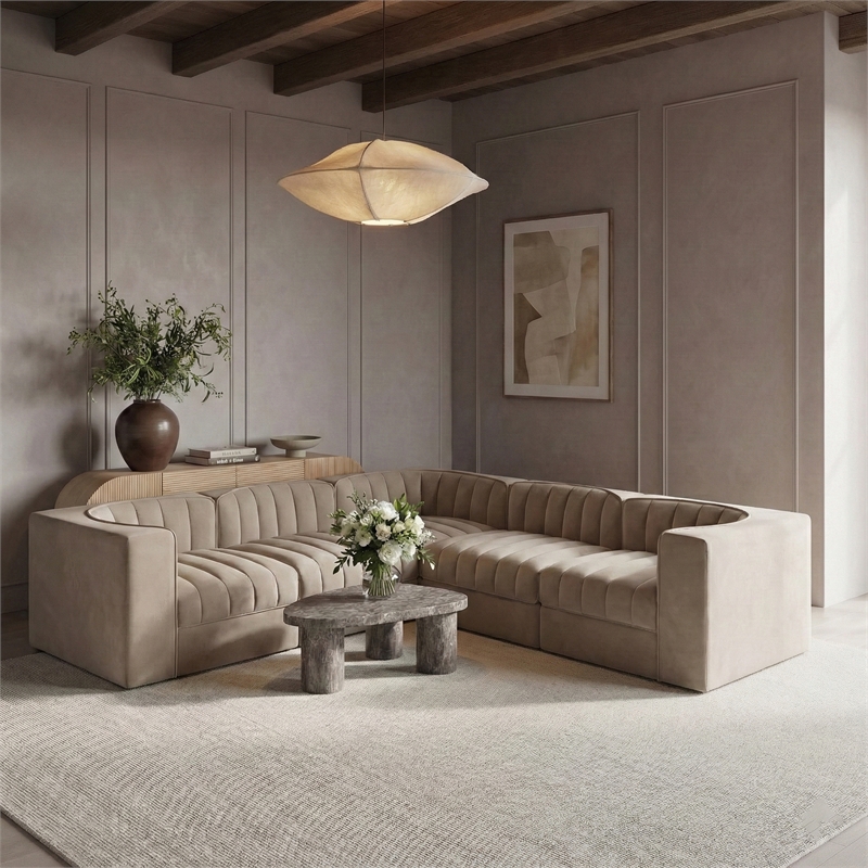 Meridian Furniture Rummi Beige Velvet Performance Fabric 5pc. Modular Sectional