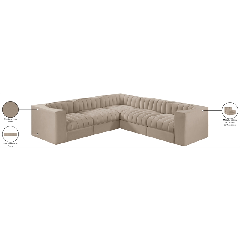 Meridian Furniture Rummi Beige Velvet Performance Fabric 5pc. Modular Sectional