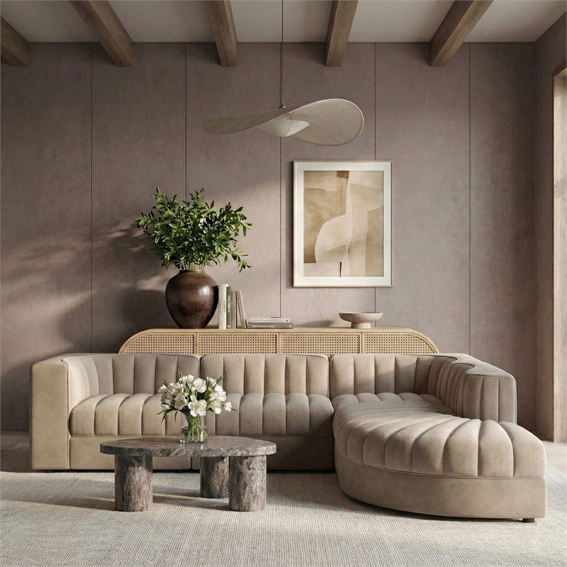 Meridian Furniture Rummi Beige Velvet Performance Fabric 5pc. Modular Sectional