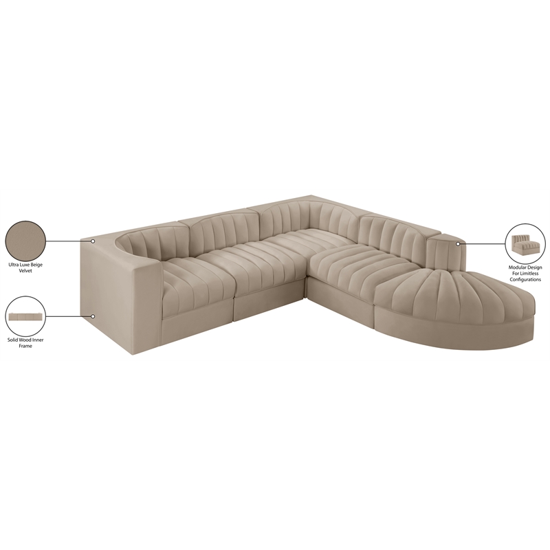 Meridian Furniture Rummi Beige Velvet Performance Fabric 5pc. Modular Sectional