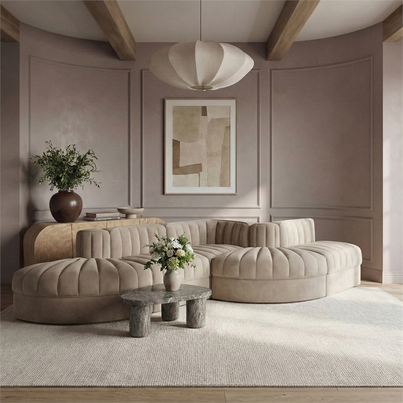Meridian Furniture Rummi Beige Velvet Performance Fabric 5pc. Modular Sectional