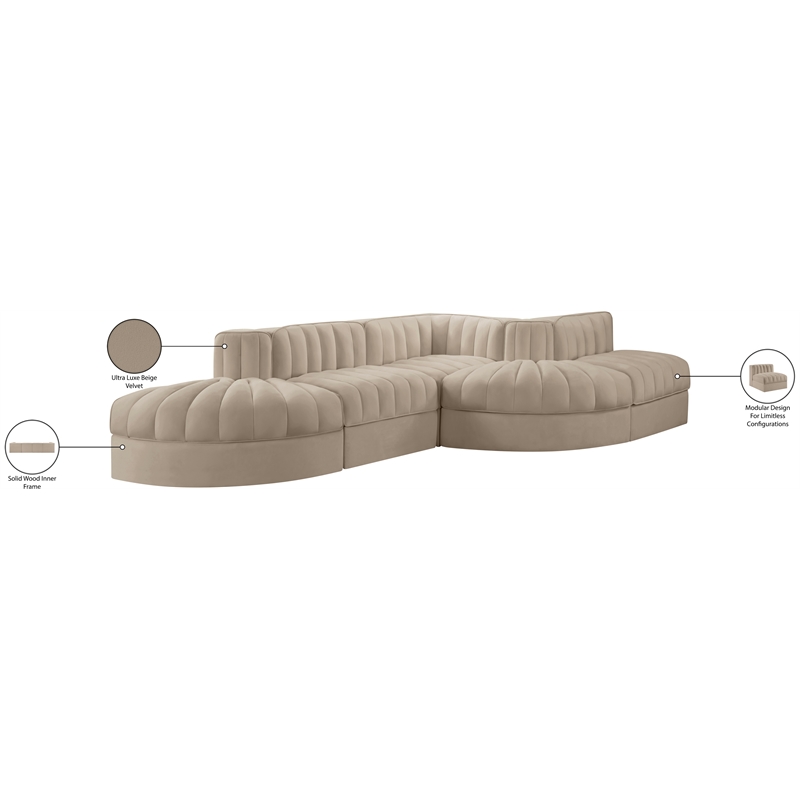 Meridian Furniture Rummi Beige Velvet Performance Fabric 5pc. Modular Sectional
