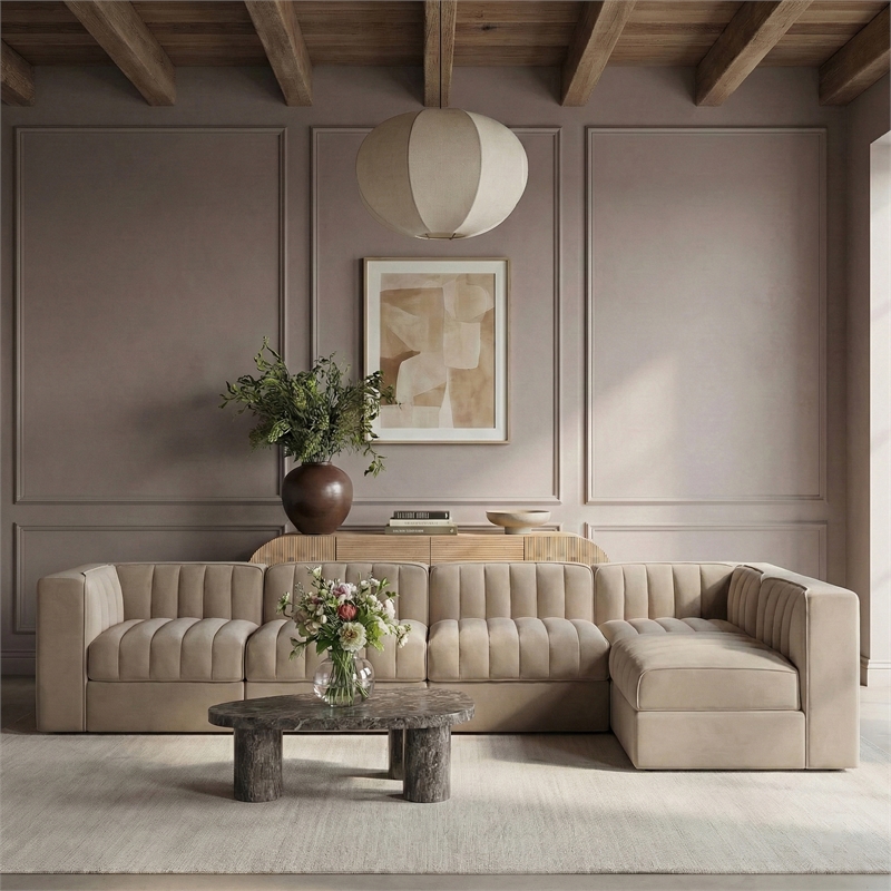 Meridian Furniture Rummi Beige Velvet Performance Fabric 5pc. Modular Sectional