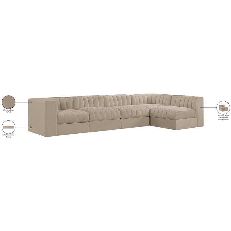 Meridian Furniture Rummi Beige Velvet Performance Fabric 5pc. Modular Sectional