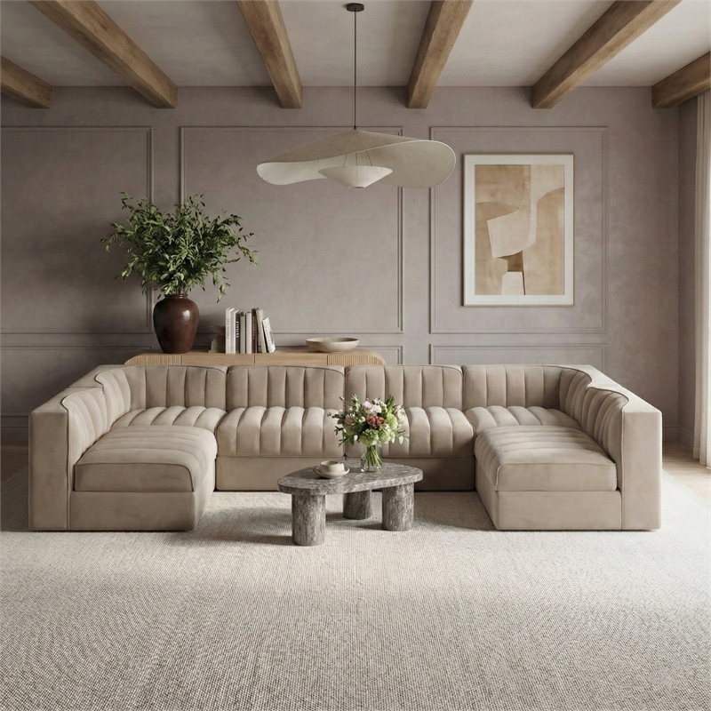Meridian Furniture Rummi Beige Velvet Performance Fabric 6pc. Modular Sectional