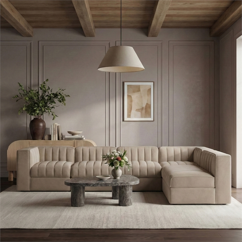 Meridian Furniture Rummi Beige Velvet Performance Fabric 6pc. Modular Sectional