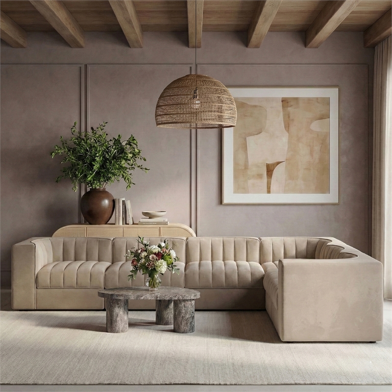 Meridian Furniture Rummi Beige Velvet Performance Fabric 6pc. Modular Sectional