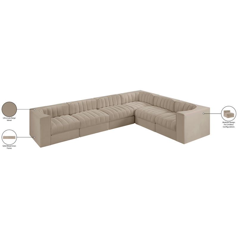Meridian Furniture Rummi Beige Velvet Performance Fabric 6pc. Modular Sectional
