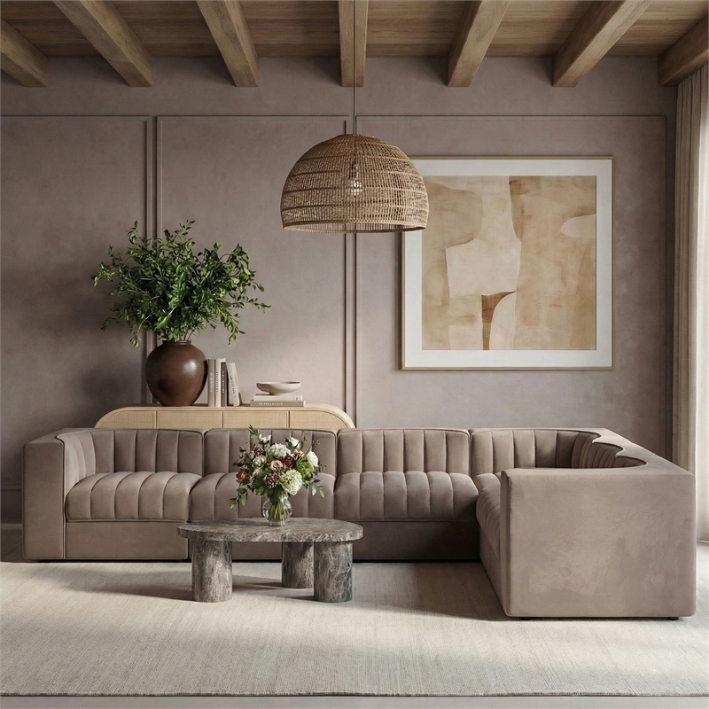 Meridian Furniture Rummi Taupe Velvet Performance Fabric 6pc. Modular Sectional