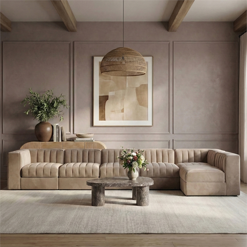 Meridian Furniture Rummi Taupe Velvet Performance Fabric 6pc. Modular Sectional