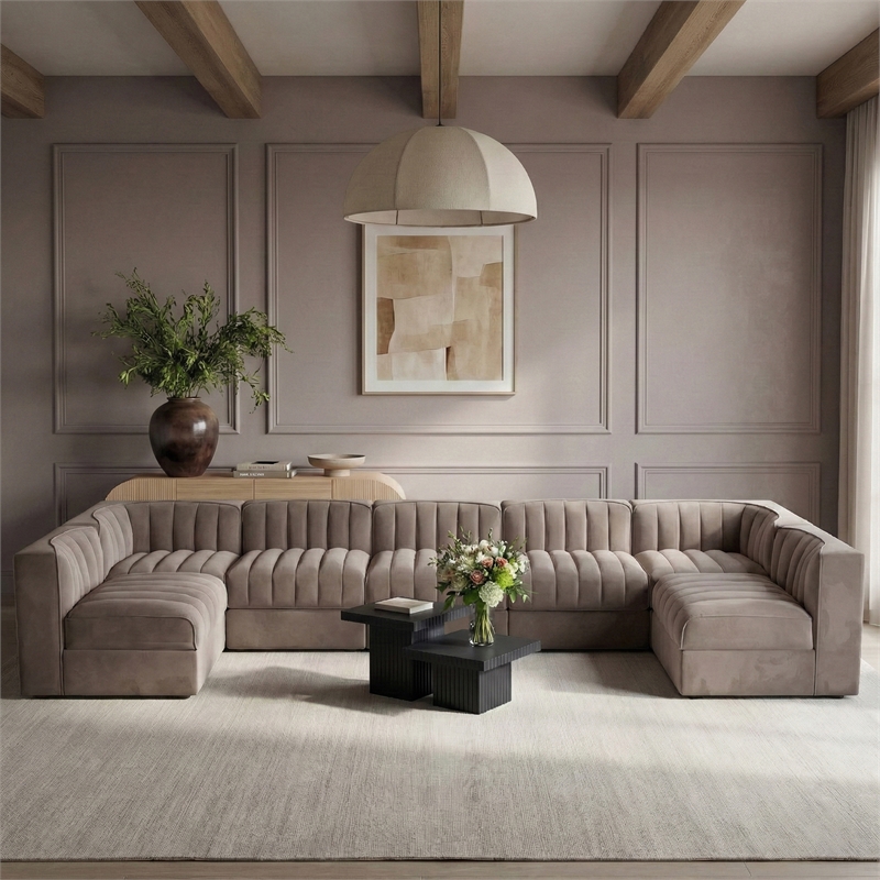 Meridian Furniture Rummi Taupe Velvet Performance Fabric 7pc. Modular Sectional
