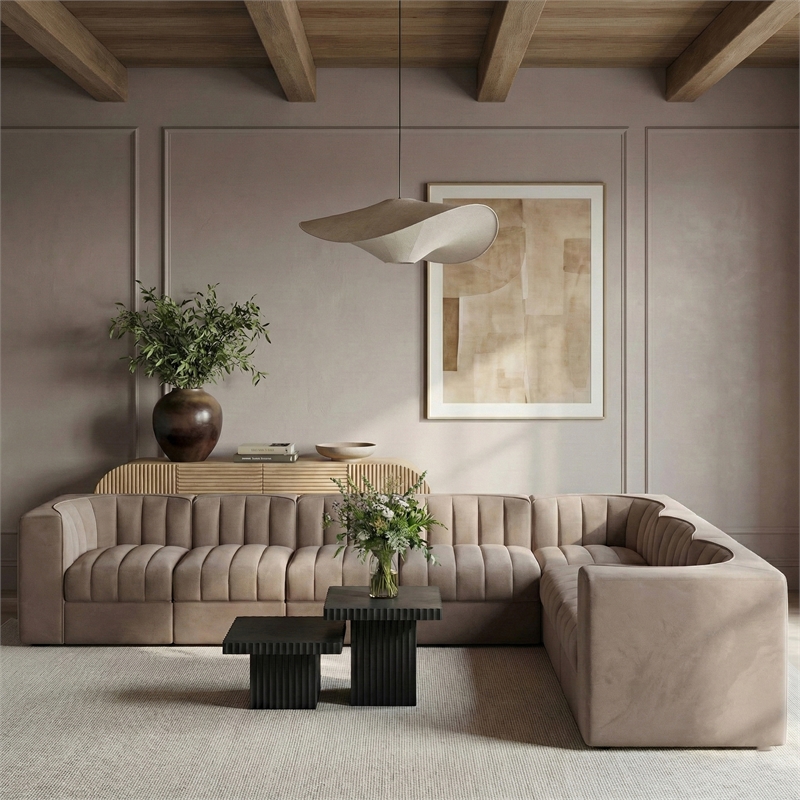 Meridian Furniture Rummi Taupe Velvet Performance Fabric 7pc. Modular Sectional