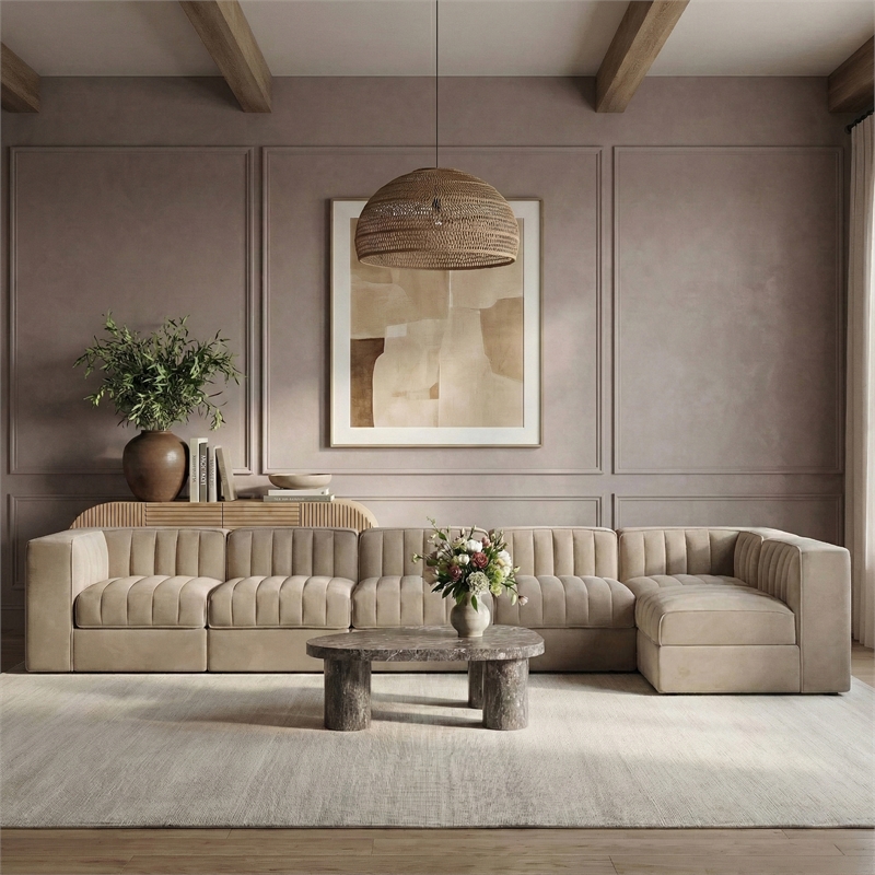 Meridian Furniture Rummi Beige Velvet Performance Fabric 6pc. Modular Sectional