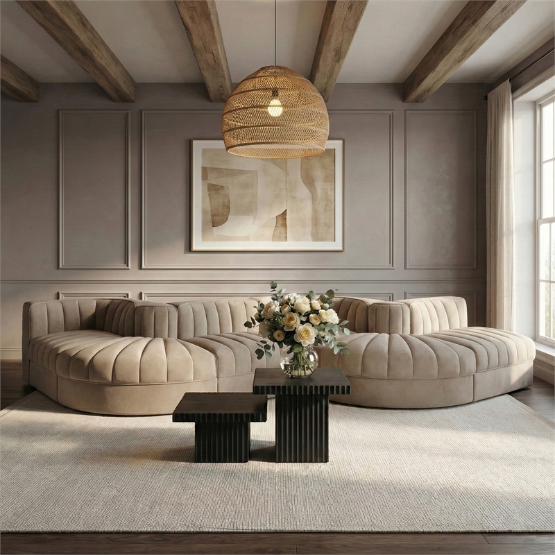 Meridian Furniture Rummi Beige Velvet Performance Fabric 6pc. Modular Sectional
