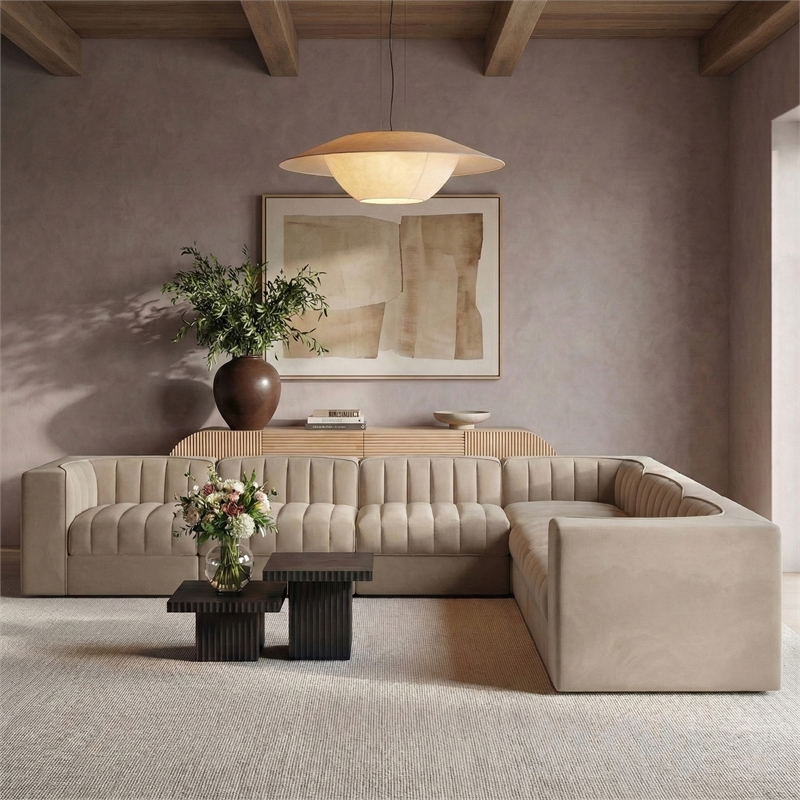 Meridian Furniture Rummi Beige Velvet Performance Fabric 7pc. Modular Sectional